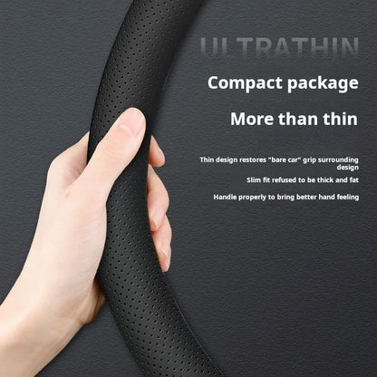 Nappa Leather Steering Wheel Cover | Ultra-Thin, Non-Slip, All-Season Fit - Round black