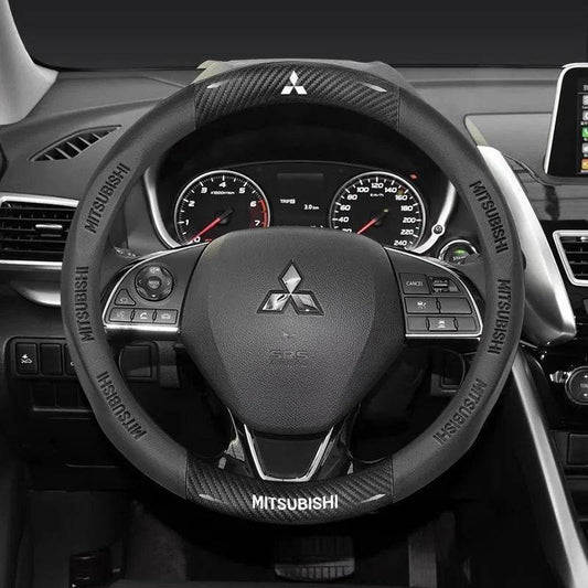 Mitsubishi Carbon Fiber Leather Steering Wheel Cover for Outlander, Pajero, ASX, Colt, Lancer EX, Evolution, L200, Triton, RALLIART - Black