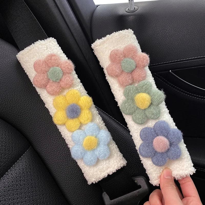 Plush Lamb Car Seat Belt Shoulder Pads - Soft Flower Design