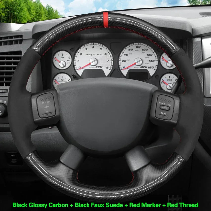 Dodge and RAM Hand-Stitched Steering Wheel Cover - Faux Carbon Suede