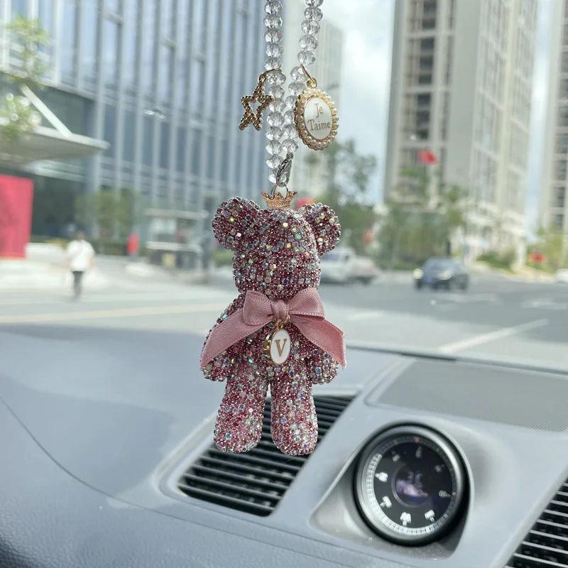 Diamond Crystal Bow Bear Car Mirror Pendant - Bling Auto Ornament
