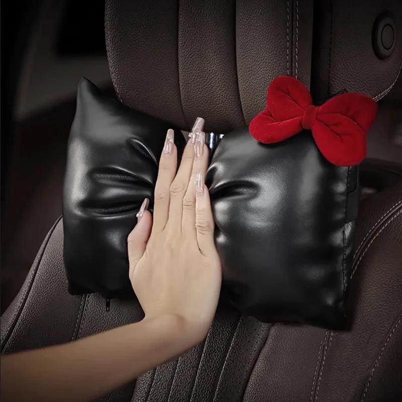 Red Bow PU Leather Car Neck Pillow - Headrest Support Cushion
