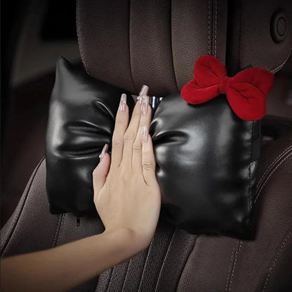 Red Bow PU Leather Car Neck Pillow - Headrest Support Cushion
