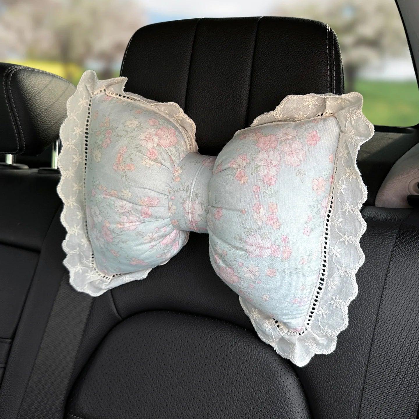 Bowknot Car Headrest Pillow Plush Neck Support Cushion Auto Seat