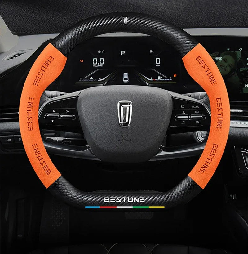 FAW Besturn Carbon Fiber Suede Steering Wheel Cover - D Black-Carbon+Suede
