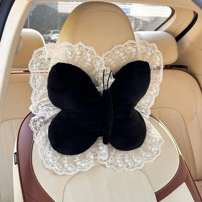 Plush Bow Lace Car Headrest Pillow - Soft Neck Support Cushion
