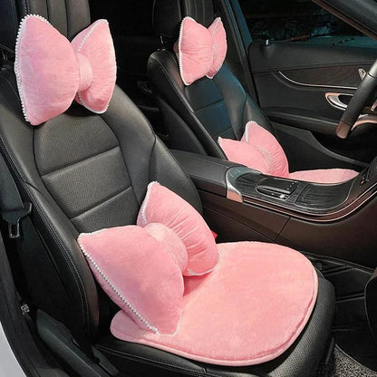 Pink Plush Bowknot Car Headrest Neck Pillow - Soft Cartoon Design