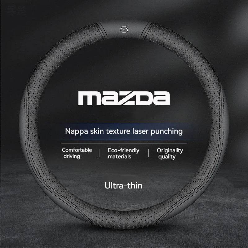 Mazda Suede Leather Car Steering Wheel Cover for SKYACTIV Series – Fits Mazda2, 3, 6, Axela, Atenza, CX30, CX5, CX8, CX9, MX5, RX7, RX8, BT50 - Style A white