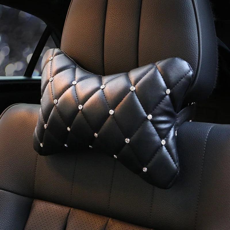 Bling Rhinestone Car Neck Pillow PU Leather Crystal Headrest Support