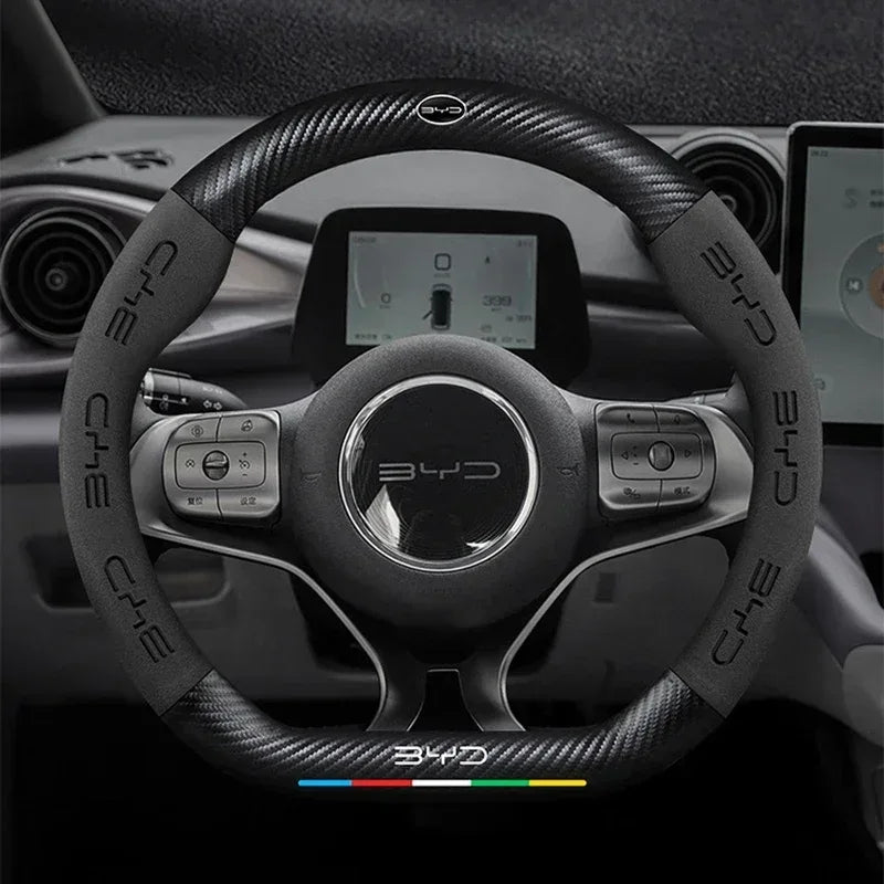 BYD Carbon Fiber Leather Steering Wheel Cover - D Black Leather