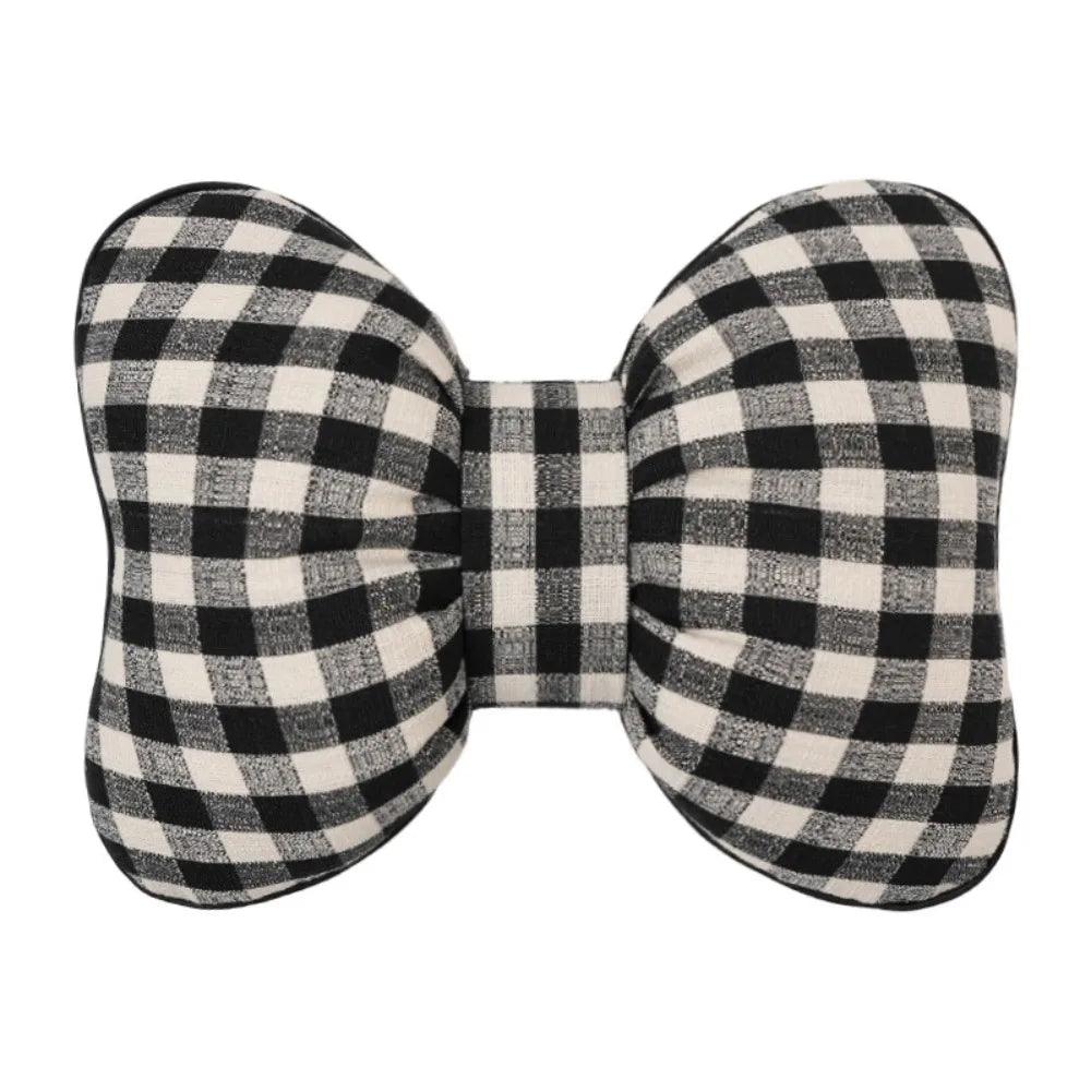 Pink Bowknot Car Neck Pillow - Grid Plaid Pattern Headrest Support