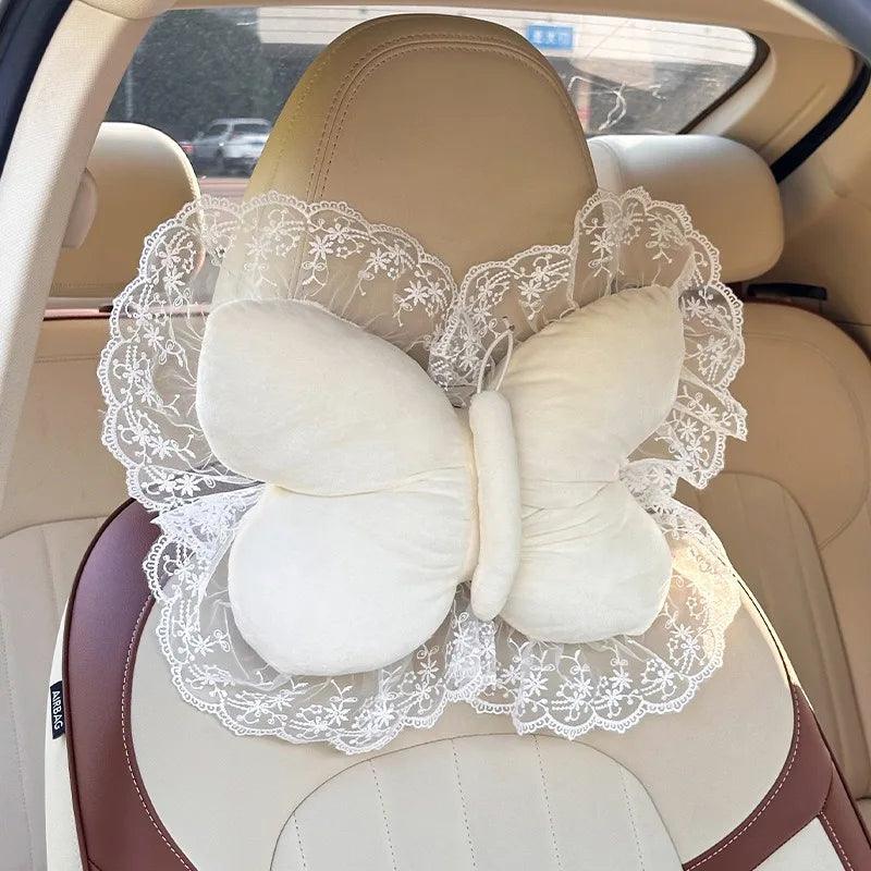 Plush Bow Lace Car Headrest Pillow - Soft Neck Support Cushion