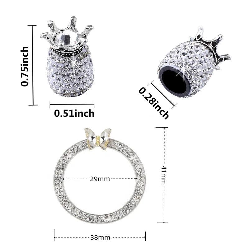 5PCS Diamond Crown Tire Valve Caps + Rhinestone Start Button Set