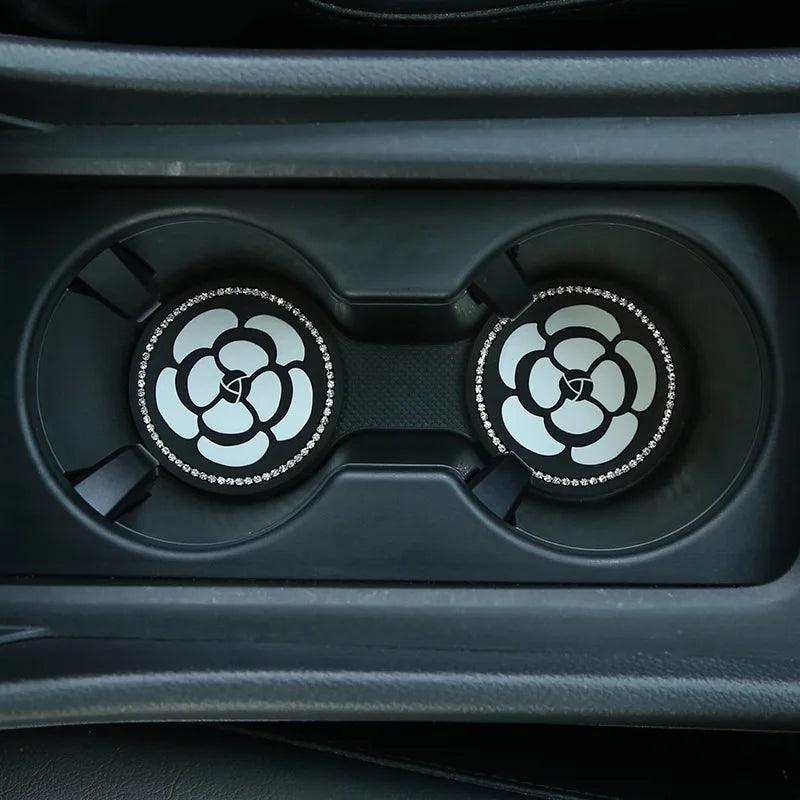 Diamond Camellia Car Cup Holder Mat Non-Slip Interior Pad Women