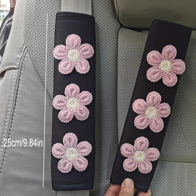 Ice Silk Flower Seat Belt Shoulder Pads - 2PC Cartoon Car Interior