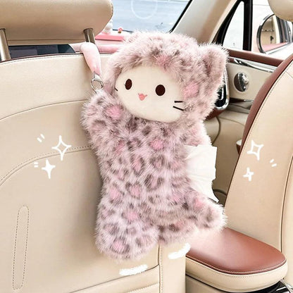 Leopard Print Cat Plush Universal Car Tissue Holder Hanging Doll