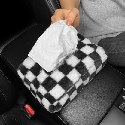 Plush Chessboard Car Headrest Tissue Holder Visor Hanging Organizer
