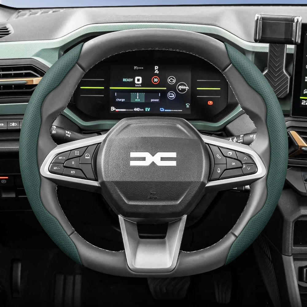 Dacia Breathable Leather Steering Wheel Cover - Oval Shape / 2-Piece Set / Green