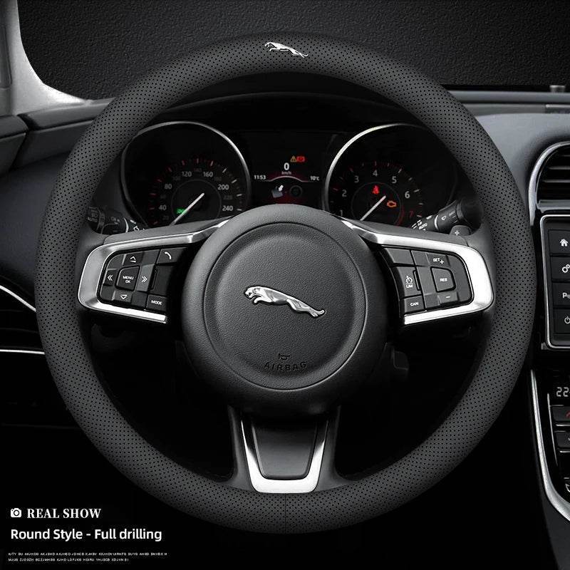 Jaguar Leather Steering Wheel Cover – Anti-Slip Interior Accessory Fits XF, XJ, XE, F-Pace, E-Pace, XFL, XJL, XKR, XJ6 & More - Round-Bicolor Line