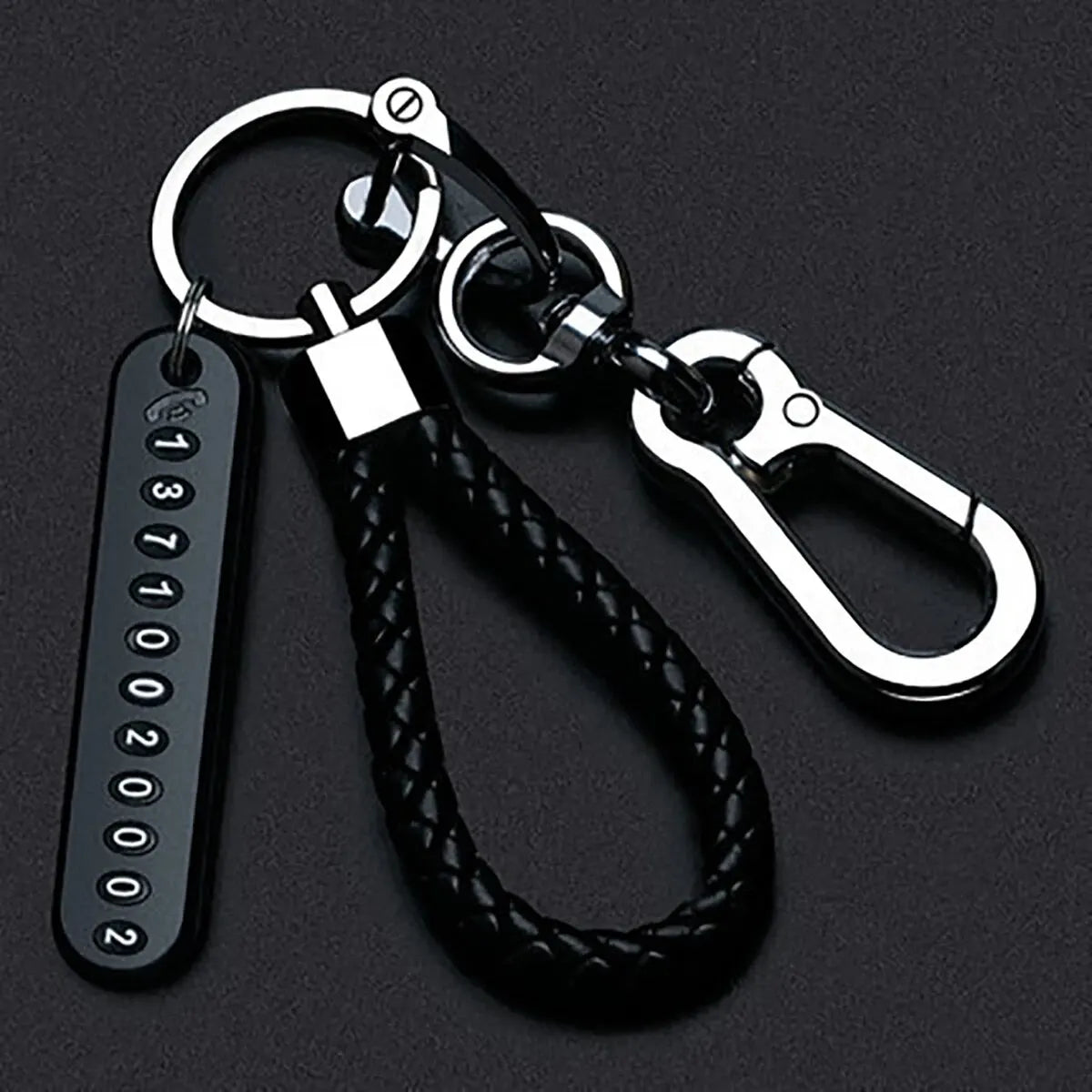 Woven Leather Keychain with Parking Phone Number Plate