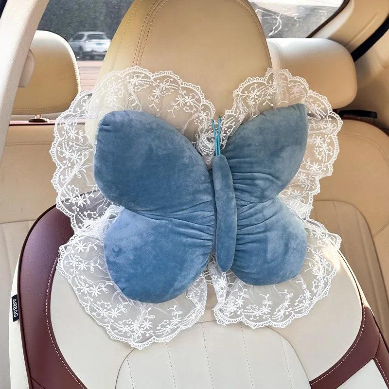 Plush Bow Lace Car Headrest Pillow - Soft Neck Support Cushion