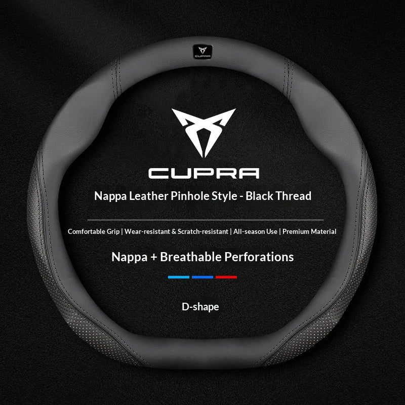 Cupra Suede and Leather Steering Wheel Cover - Round Shape / Leather Red & White