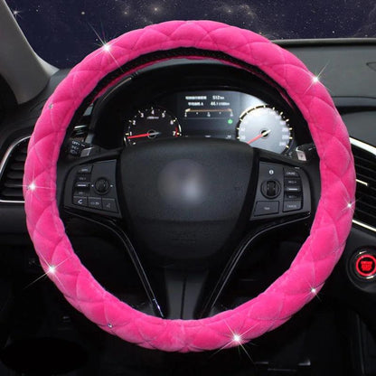 Diamond Crown Plush Steering Wheel Cover Winter Fur Auto Accessory