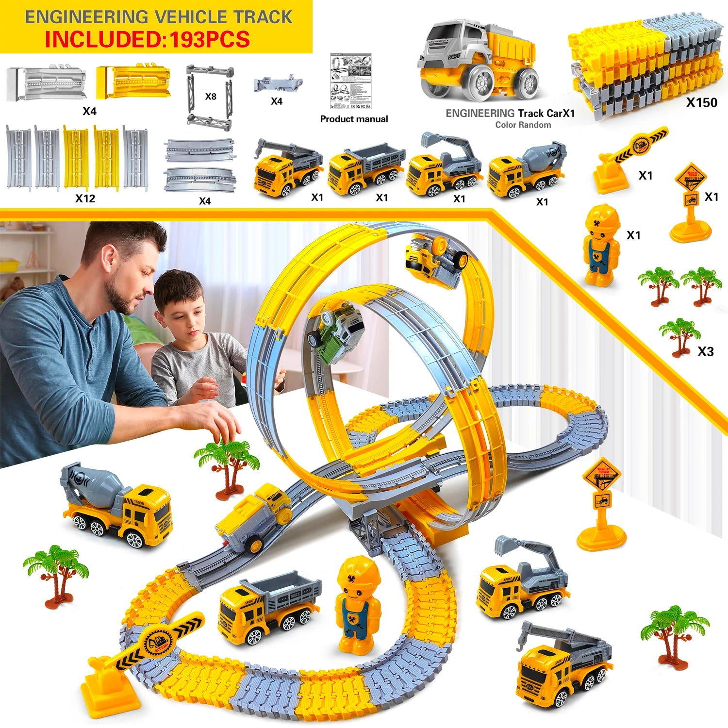 Kids Electric Track Car Set – Engineering Puzzle Racing Toy - 2pcs car-GC