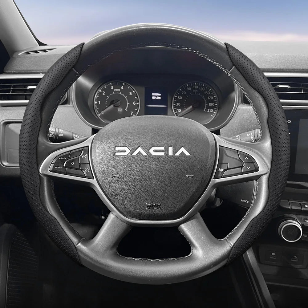 Dacia Breathable Leather Steering Wheel Cover - Round Shape / 2-Piece Set / Black