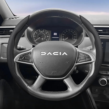 Dacia Breathable Leather Steering Wheel Cover - Round Shape / 2-Piece Set / Black