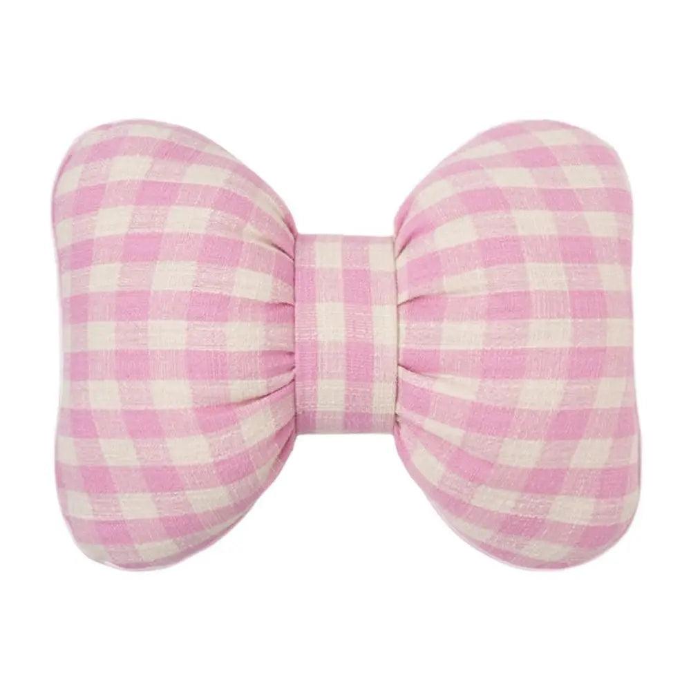 Pink Bowknot Car Neck Pillow - Grid Plaid Pattern Headrest Support