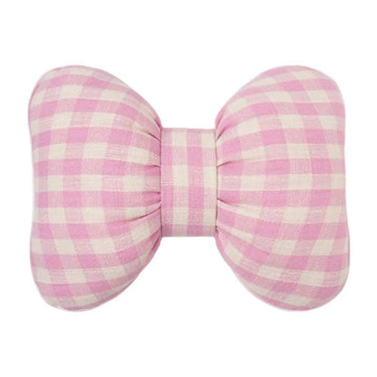 Pink Bowknot Car Neck Pillow - Grid Plaid Pattern Headrest Support