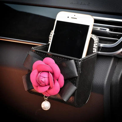 Crystal Diamond Camellia Car Vent Organizer Phone Holder Trash Box