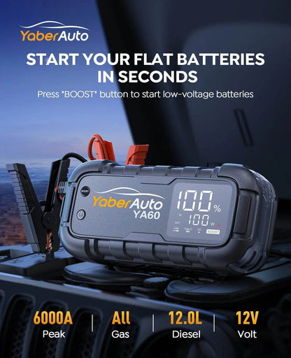 6000A Super Jump Starter with 3.3" LED Display – 12V Car Battery Booster, 150W DC Output, 600LM Flashlight