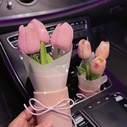 Cute Tulip Car Dashboard Ornament – Mini Flower Bouquet Decor
