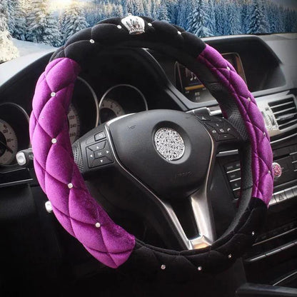 Diamond Crown Plush Steering Wheel Cover Winter Fur Auto Accessory