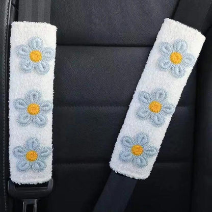 Plush Flower Seat Belt Shoulder Pads - 2pc Women's Car Interior