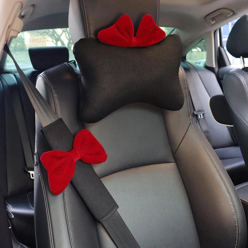 Ice Silk Car Neck Pillow Red Bow Design Universal Headrest Support