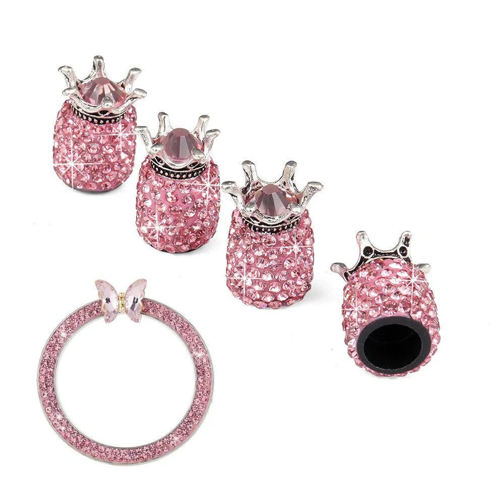5PCS Diamond Crown Tire Valve Caps + Rhinestone Start Button Set