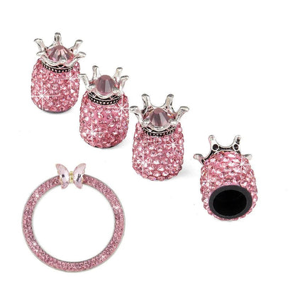 5PCS Diamond Crown Tire Valve Caps + Rhinestone Start Button Set