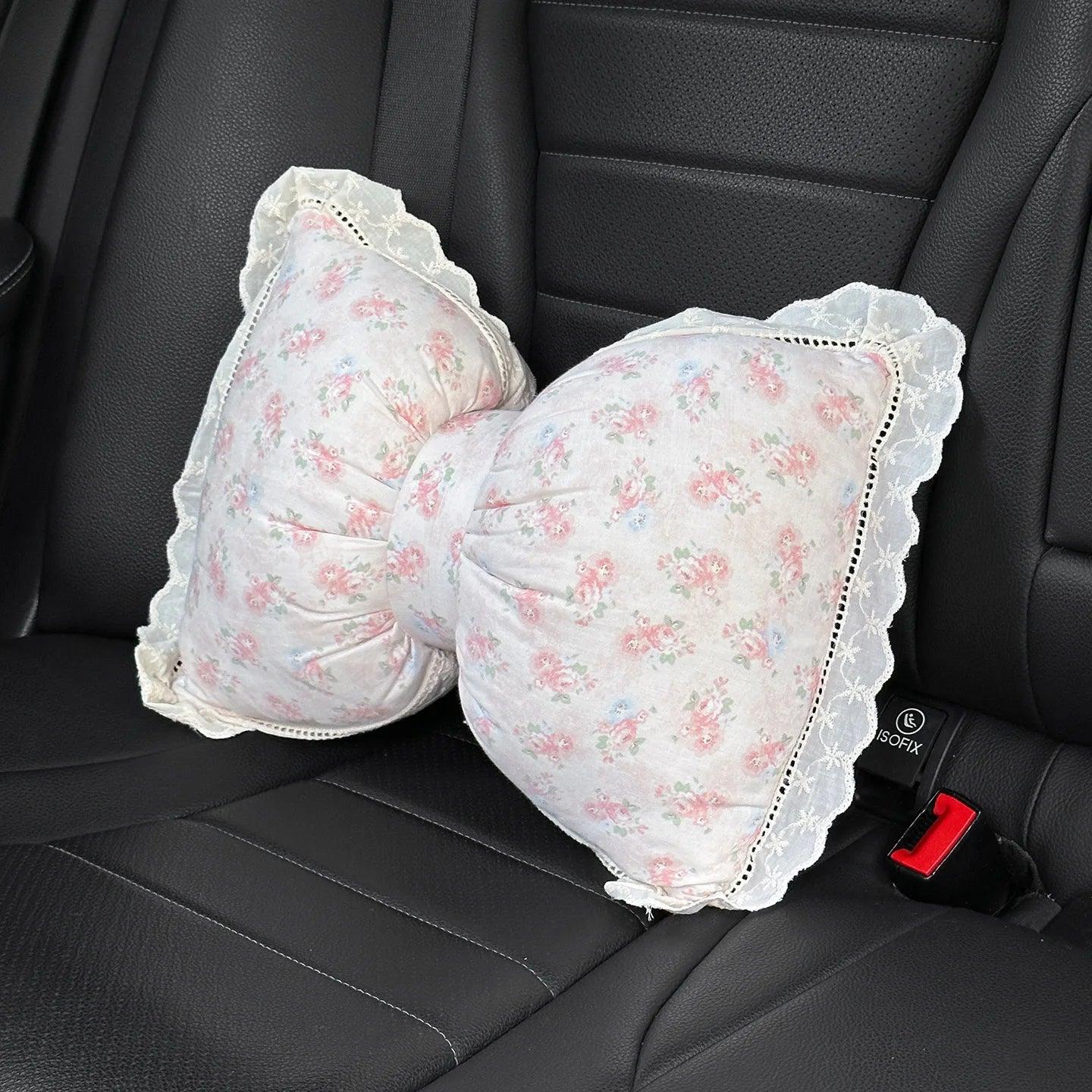Bowknot Car Headrest Pillow Plush Neck Support Cushion Auto Seat