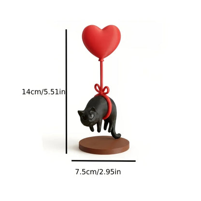 Floating Cat Statue With Heart Balloon Desk Ornament Gift