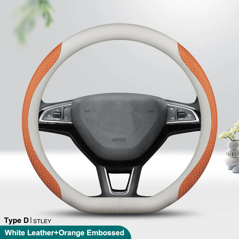 PU Leather Universal Steering Wheel Cover - D Shape / Orange Embossed