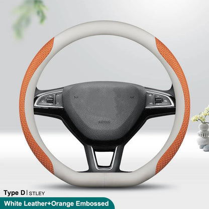 PU Leather Universal Steering Wheel Cover - D Shape / Orange Embossed