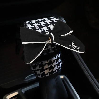 Classic Plaid Bowknot Car Gear Shifter Handbrake Seat Belt Cover Set