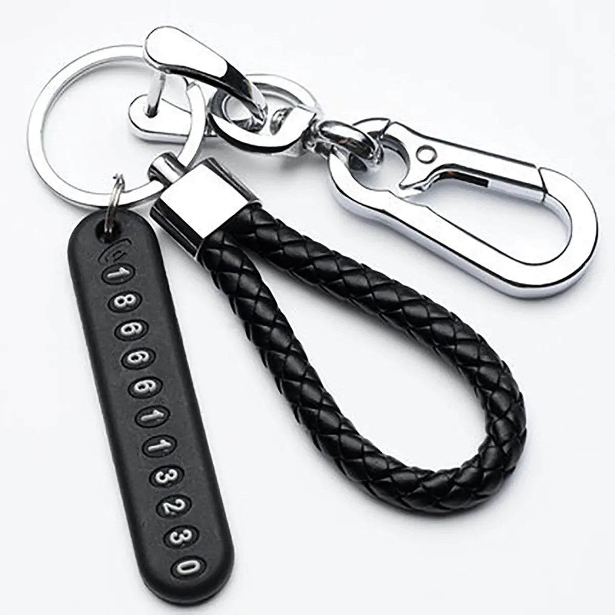 Woven Leather Keychain with Parking Phone Number Plate - Style 2