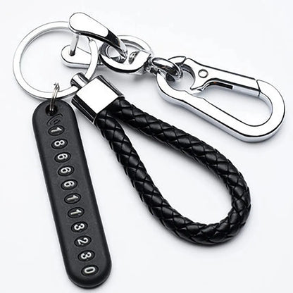 Woven Leather Keychain with Parking Phone Number Plate - Style 2
