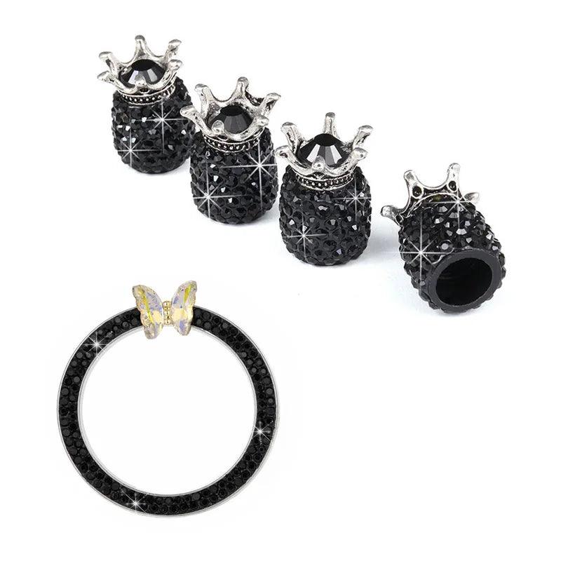 5PCS Diamond Crown Tire Valve Caps + Rhinestone Start Button Set