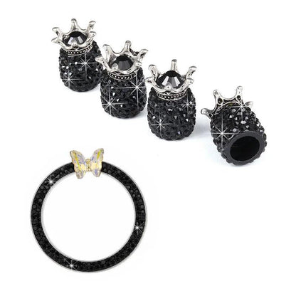 5PCS Diamond Crown Tire Valve Caps + Rhinestone Start Button Set