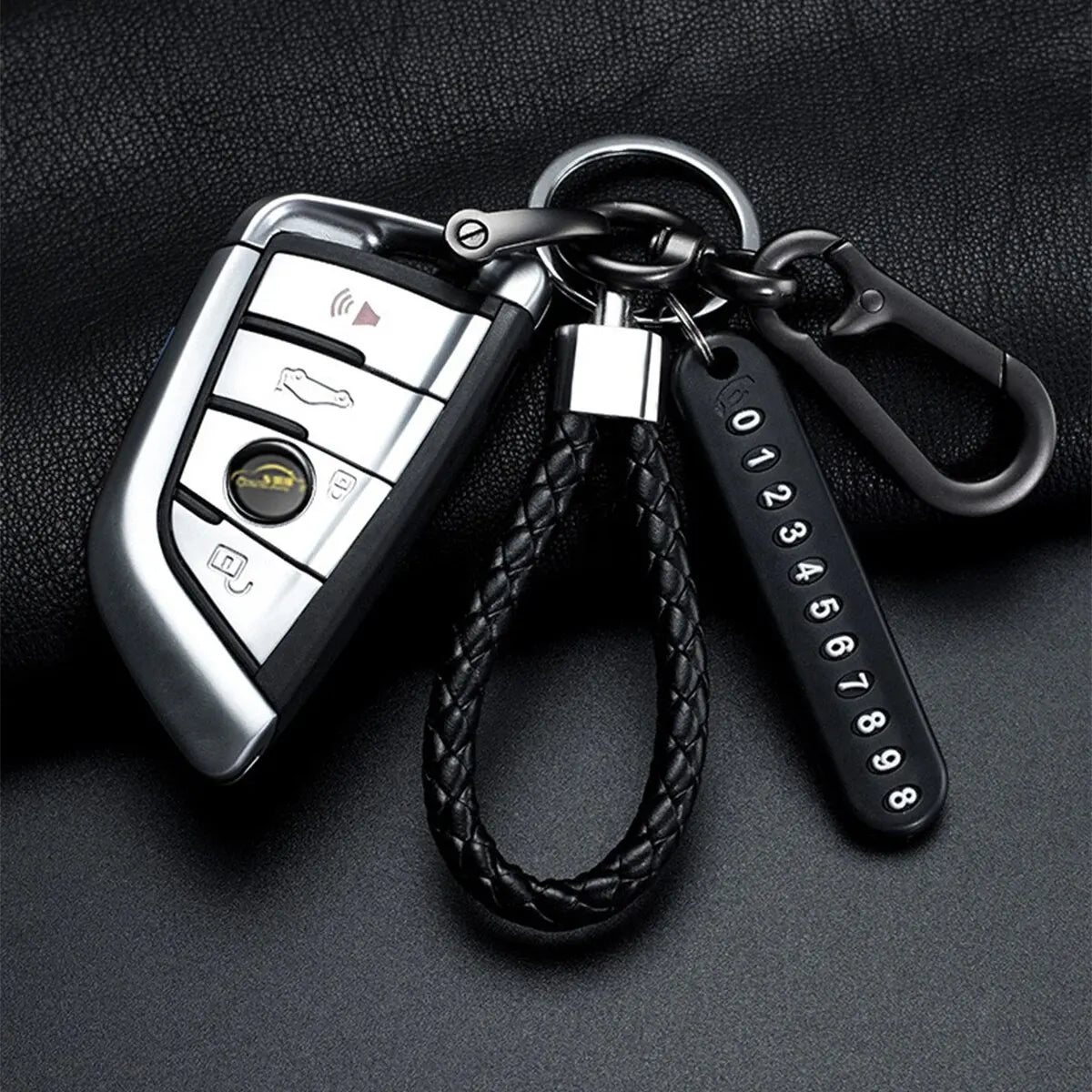 Woven Leather Keychain with Parking Phone Number Plate